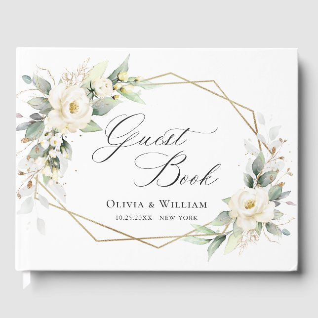 Elegant Pastel White Roses Eucalyptus Wedding Guest Book (Front)