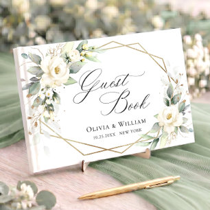 Elegant Pastel White Roses Eucalyptus Wedding Guest Book