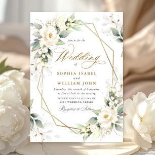 Elegant Pastel White Roses Eucalyptus Wedding Invitation