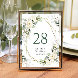 Elegant Pastel White Roses Eucalyptus Wedding Table Number