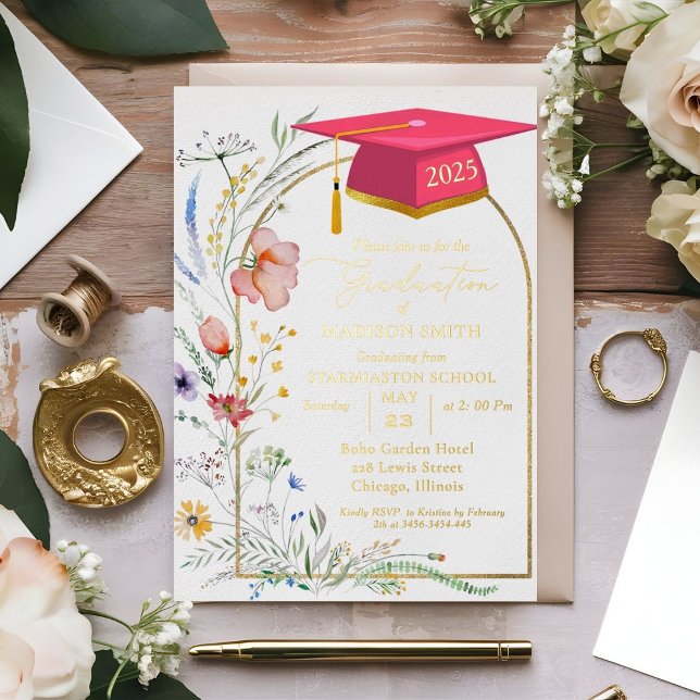 Elegant Pastel Wildflower Garden Graduation Party Foil Invitation (Creator Uploaded)