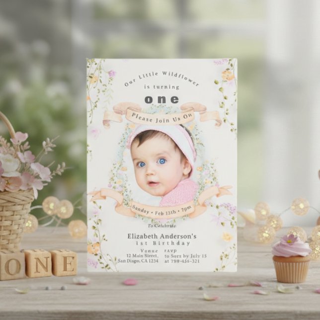 Elegant Pastel Wildflowers Baby Photo 1st Birthday Invitation (Elegant Pastel Wildflowers Baby Photo 1st Birthday Invitation )