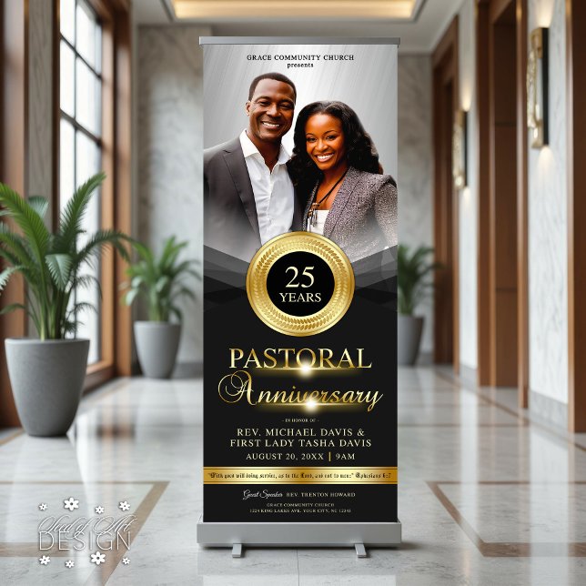 Elegant Pastoral Anniversary Black Gold Church Retractable Banner (Creator Uploaded)