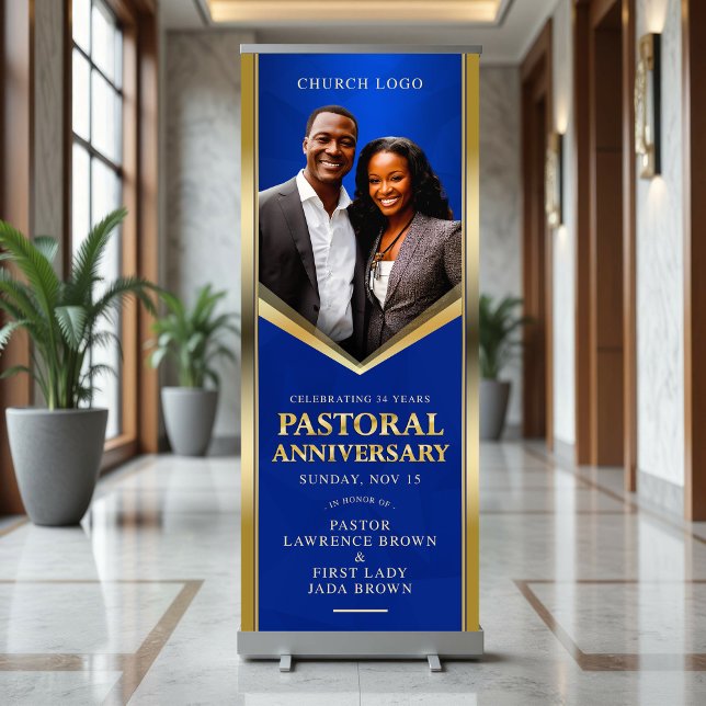 Elegant Pastoral Anniversary Blue & Gold Church  Retractable Banner (Creator Uploaded)