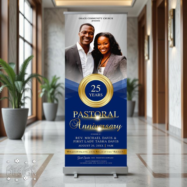 Elegant Pastoral Anniversary Blue Gold Church Retractable Banner (Creator Uploaded)