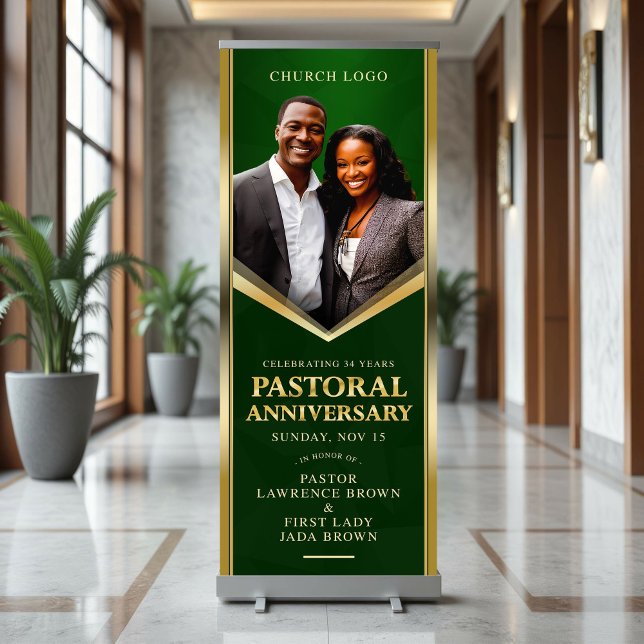 Elegant Pastoral Anniversary Green & Gold Church  Retractable Banner (Creator Uploaded)