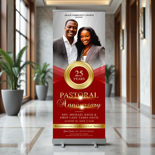 Elegant Pastoral Anniversary Red Gold Church Retractable Banner (Creator Uploaded)