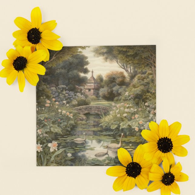 Elegant Pastoral English Garden & Swans Scene Holiday Card (Creator Uploaded)