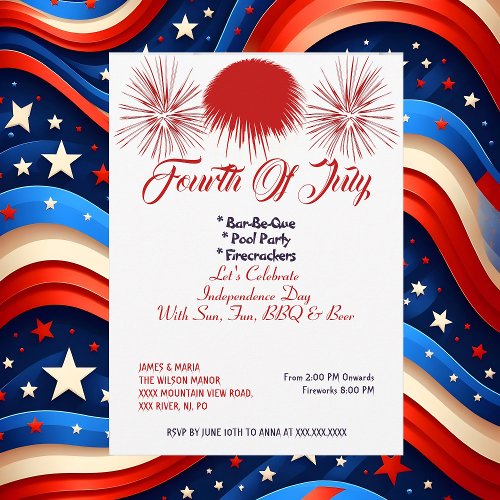 Elegant Patriotic 4th July Firecrackers BBQ Party  Invitation