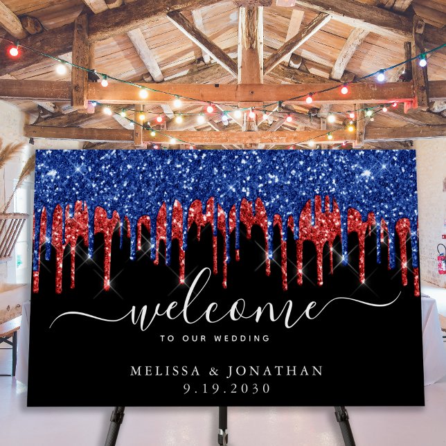 Elegant Patriotic Blue Red Glitter Wedding Welcome Foam Board (Creator Uploaded)