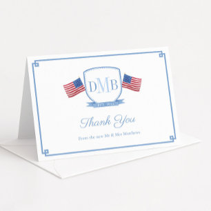 Elegant Patriotic Couples Monogram Wedding Letterpress Thank You Card