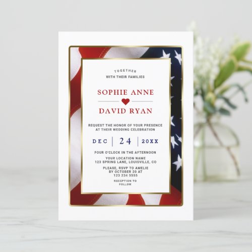 Elegant Patriotic Military Gold USA Flag Wedding  Invitation