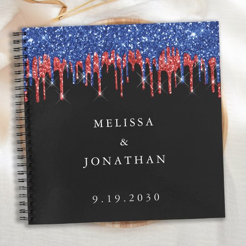 Elegant Patriotic Red Blue Glitter Drips Wedding Notebook