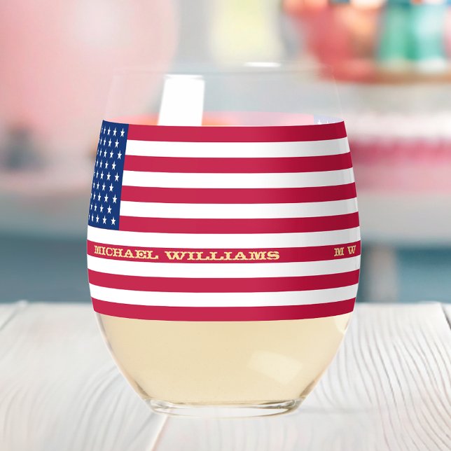 Elegant Patriotic USA American Flag Personalized Stemless Wine Glass (Elegant Patriotic USA American Flag Personalized Stemless Wine Glass)