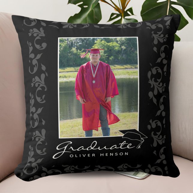 Elegant Pattern Black Graduation Photo  Throw Pillow (Creator Uploaded)