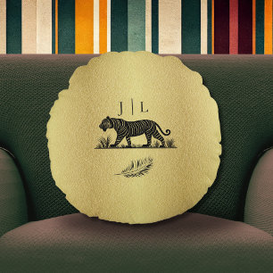Elegant Pattern Gold Black Monogram Round Pillow
