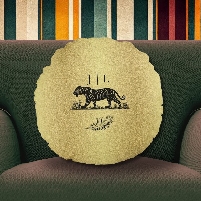 Elegant Pattern Gold Black Monogram Round Pillow (Creator Uploaded)