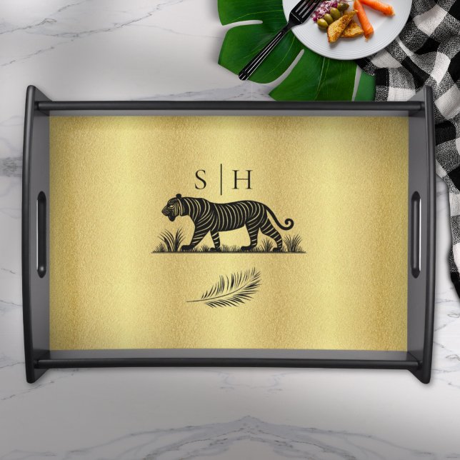 Elegant Pattern Gold Black Monogram Serving Tray (Creator Uploaded)
