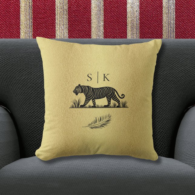 Elegant Pattern Gold Black Monogram Throw Pillow (Creator Uploaded)