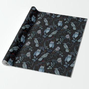 Elegant Pattern Of Blue Birds  Plants On Dark Wrapping Paper by DigitalSolutions2u at Zazzle
