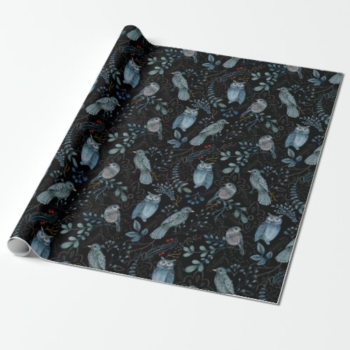 Elegant Pattern Of Blue Birds Plants On Dark Wrapping Paper