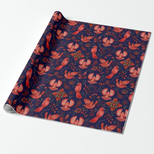 Elegant Pattern Of Red Birds Plants On Blue Wrapping Paper