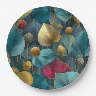 Elegant Pattern of Stylized Teal and Gold Leaves Paper Plates