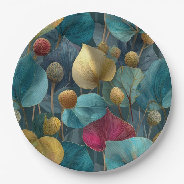 Elegant Pattern of Stylized Teal and Gold Leaves Paper Plates (Front)