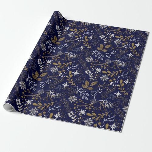 Elegant Pattern Of White Yellow Plants On Blue Wrapping Paper