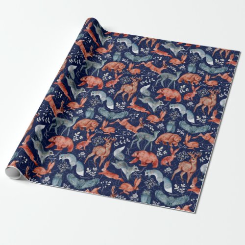 Elegant Pattern Of Wild Forest Animals On Blue Wrapping Paper