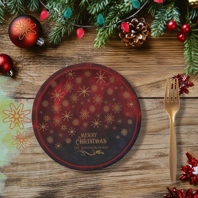 Elegant Pattern RED GOLD Merry Christmas Paper Plates (Elegant Pattern RED GOLD Merry Christmas Paper Plates)