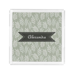 Elegant Pattern Sage Green Leaves With Her Name Acrylic Tray