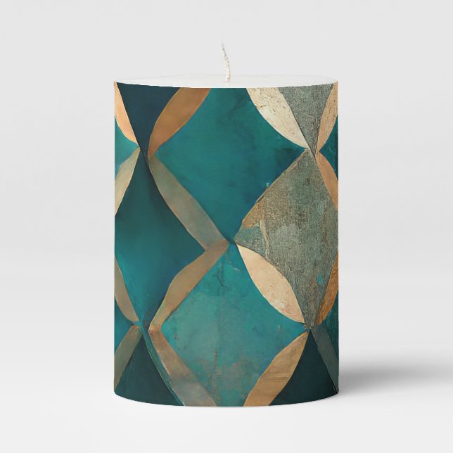 Elegant pattern teal gold luxury pillar candle (Front)