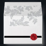 Elegant Pattern & Wax Seal 5x7 Wedding Invitation Envelope<br><div class="desc">This design features elegant vintage leaf pattern and personalized wax seal image. The damask gray leaf patterned background contrasts against the black ribbon and red wax seal. The combination of gray, red, black and white colors create a sophisticated, trendy and chic style. Elegant wedding invitation envelope with return address. The...</div>