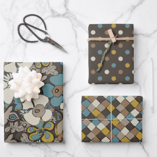 Elegant Patterns Blue Brown Mustard Beige Wrapping Paper Sheets
