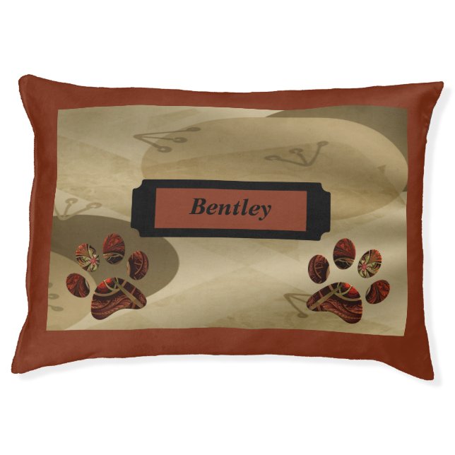 Elegant Paw Print Gold & Crimson Dog Bed (Front)