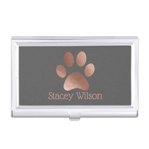 Elegant Paw Print Logo In Gray And Rose Gold Business Card Case