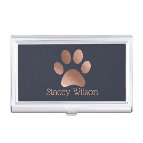 Elegant Paw Print Logo In Navy And Rose Gold Business Card Case