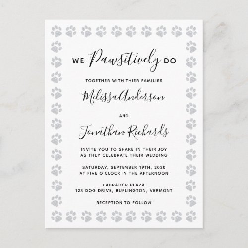 Elegant Paw Prints Wedding Invitation Postcard