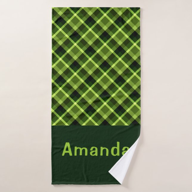 Elegant Pea Green Plaid Monogram Bath Towel (Bath Towel)