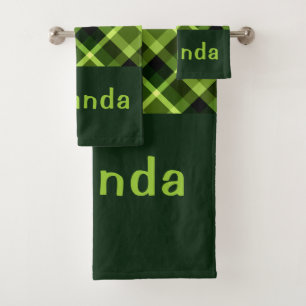 Elegant Pea Green Plaid Monogram Bath Towel Set