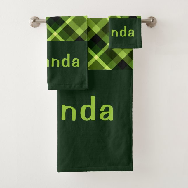 Elegant Pea Green Plaid Monogram Bath Towel Set (Insitu)