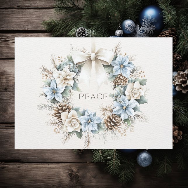 Elegant PEACE Blue Floral Pinecones Winter Wreath Holiday Card (Creator Uploaded)