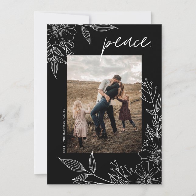 Elegant Peace Christmas Floral Black Photo Holiday Card (Front)