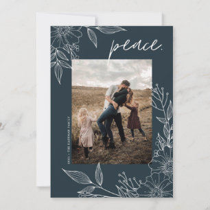 Elegant Peace Christmas Floral Blue Photo Holiday Card