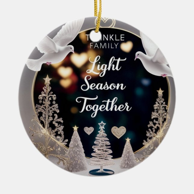 Elegant Peace Doves Twinkle Family Light Season  Ceramic Ornament (Front)