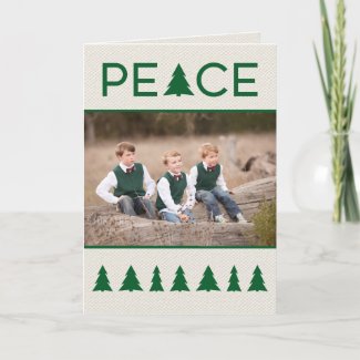 Elegant Peace Green Trees on Beige Canvas 2 Photos Holiday Card