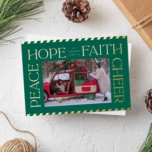 Elegant Peace Hope Faith Cheer Christmas Photo Foil Holiday Card