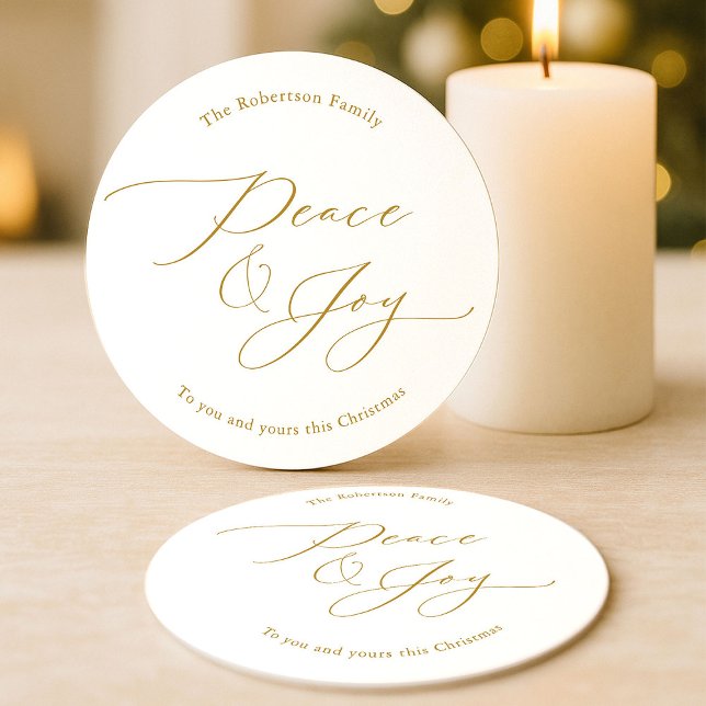 Elegant Peace & Joy Gold Script Christmas Round Paper Coaster (Creator Uploaded)