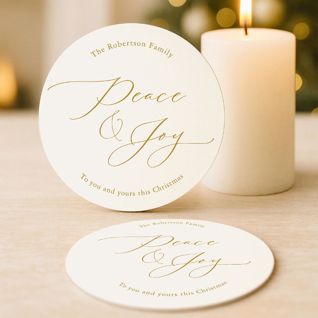 Elegant Peace & Joy Gold Script Christmas Round Paper Coaster (Creator Uploaded)